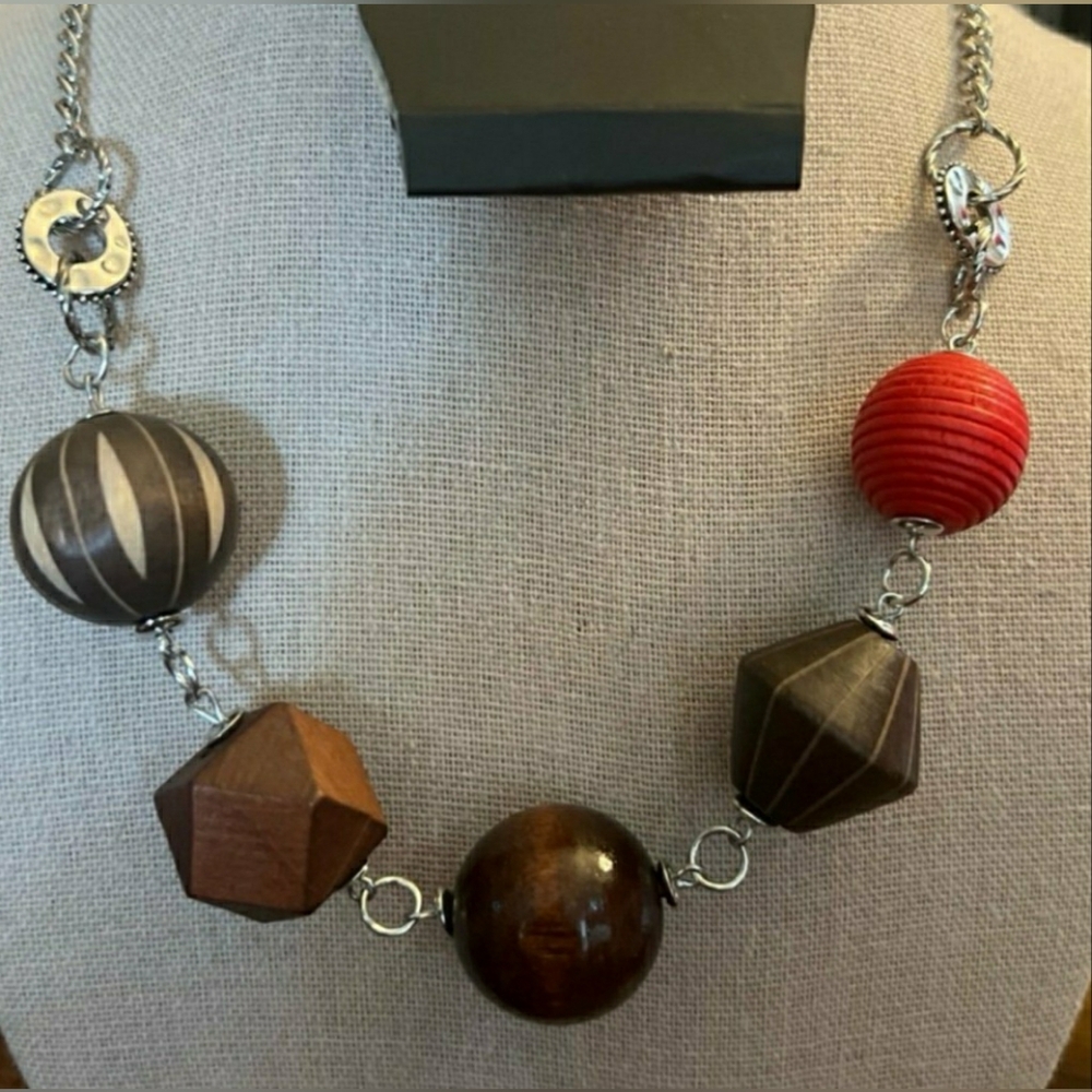 Chunky Wooden Bead Necklace with Red and Brown Accents